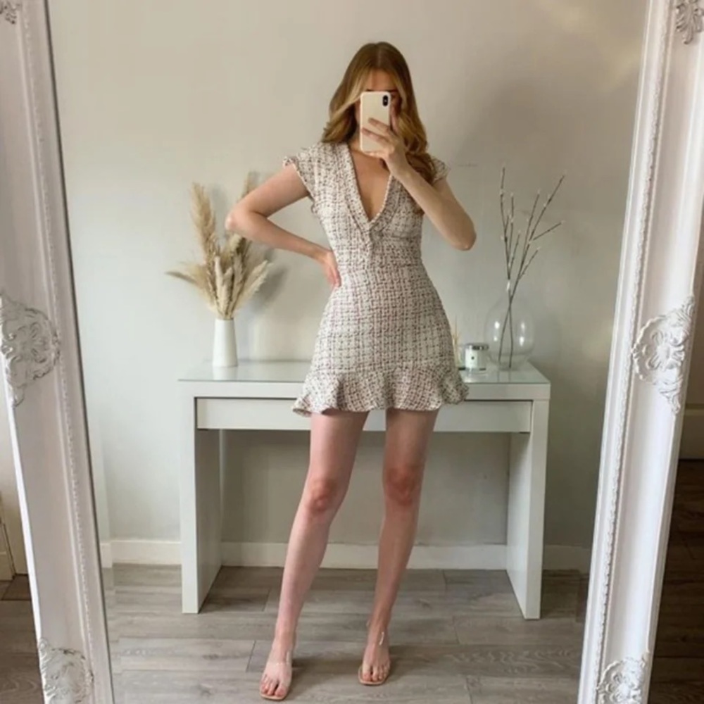 Textured Tweed Bodycon Dress V Neck